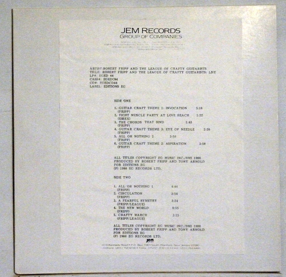 Robert Fripp - And the League of Crafty Guitarists Live original 1986 test pressing with cue sheet