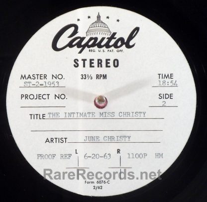 June Christy - The Intimate Miss Christy 1963 stereo acetate with cue sheet