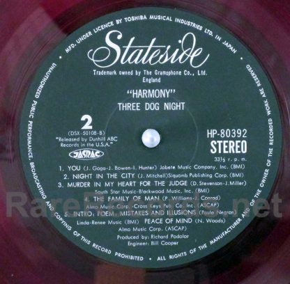 three dog night - harmony red vinyl japan LP
